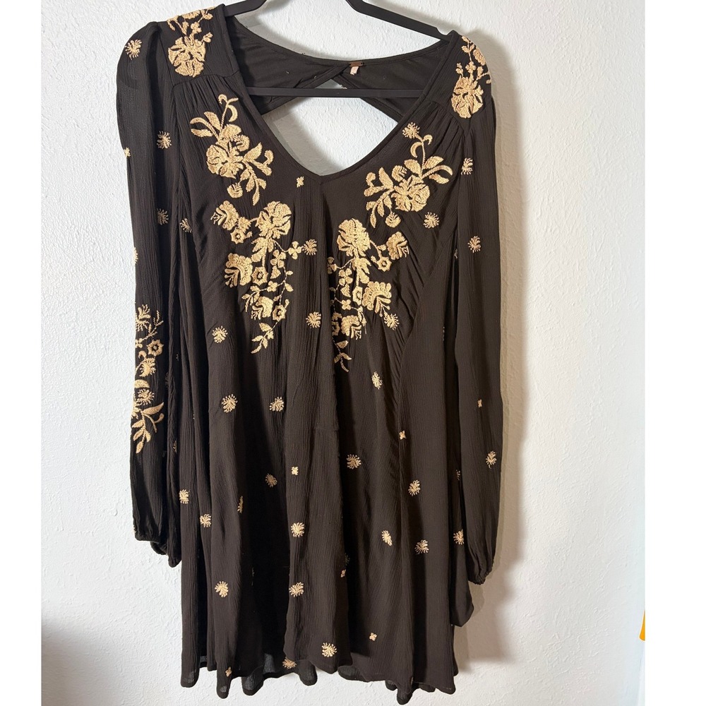 Free People Embroidered Open Back Mini Dress Black Boho Long Sleeve Whimsigoth M